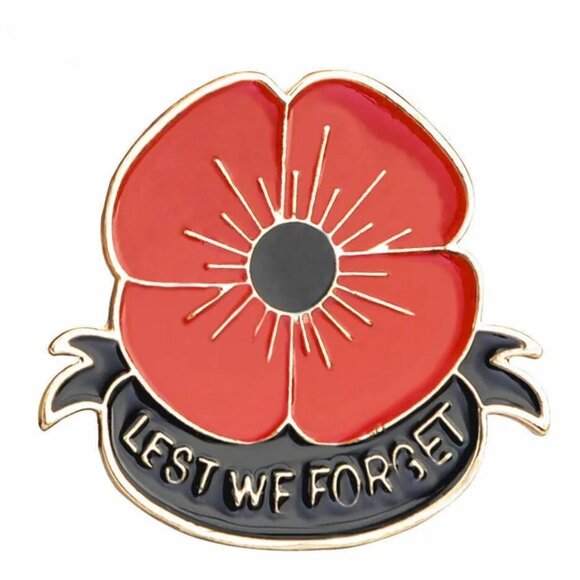 Lest We Forget Lapel Pin Red Poppy Flower Gold Tone Brooch - Picture 1 of 2